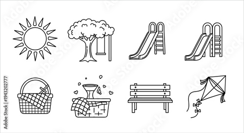 Collection of outdoor recreation and park icons, perfect for summer activities