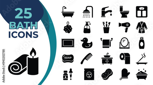 A collection of 25 black icons representing various bathroom items and accessories.