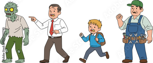 Cartoon zombie approaching frightened civilians including businessman pointing, running schoolboy and mechanic with tools, humorous horror character set isolated on white background 