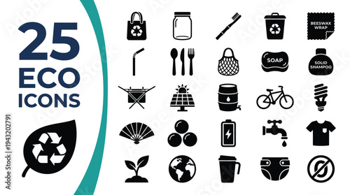 Collection of 25 eco-friendly icons representing sustainable living and recycling concepts.