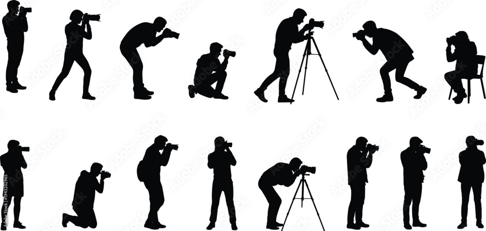 Fototapeta premium Professional photographer silhouettes collection featuring men and women taking photos with digital cameras and tripods in various standing, kneeling, and sitting poses for creative projects.