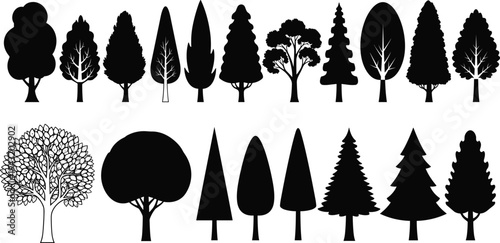 Black Tree Silhouettes Set Featuring Various Species Like Pine Oak and Fir Isolated on White Background for Nature Landscape and Forest Graphic Design Projects