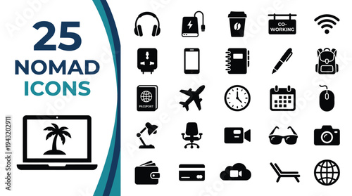 A collection of 25 icons representing digital nomad lifestyle elements.