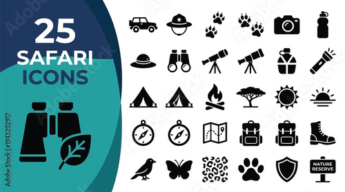A collection of 25 safari-themed icons represents adventure and exploration.