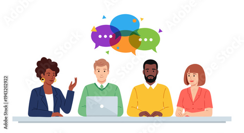 Diverse group of professionals collaborating and communicating ideas using speech bubbles above their heads
