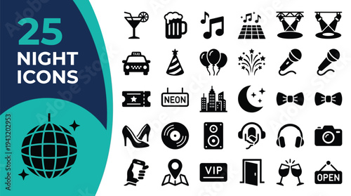 A collection of 25 night and party icons including a disco ball, drinks, and music symbols.