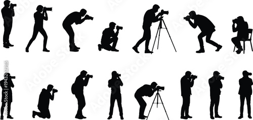Professional photographer silhouettes collection featuring men and women taking photos with digital cameras and tripods in various standing, kneeling, and sitting poses for creative projects.