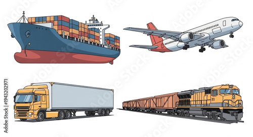Cargo Ship Truck Train Airplane Transportation.