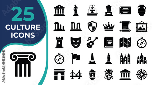 A collection of 25 culture and history icons representing art, architecture, and travel.