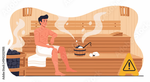 Man relaxing in a steamy sauna with wooden interior and bucket of water, promoting wellness and heat therapy