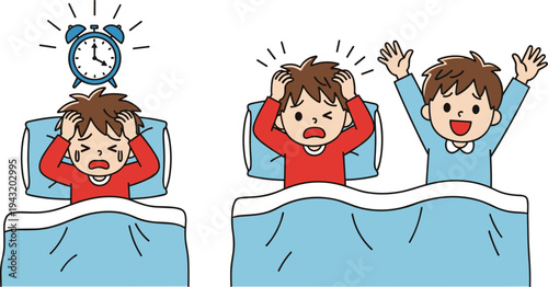 Child waking up to alarm clock in bed, sleepy boy feeling tired then happy morning wake up routine cartoon illustration isolated on white background