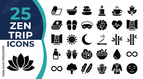 A collection of 25 zen trip icons representing relaxation and wellness.