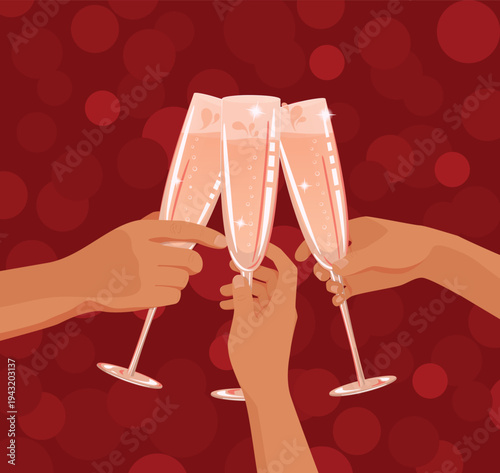 Friends or colleagues clinking glasses of fizzy drinks against a festive red background. Vector illustration