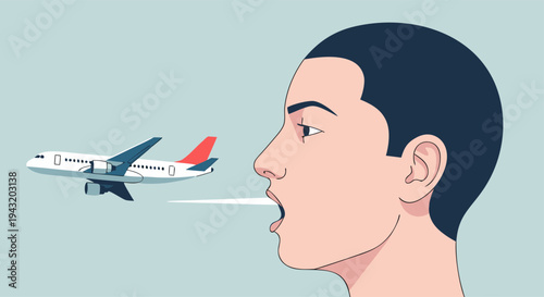 Illustration of a person exhaling air or wind towards a flying airplane in the sky
