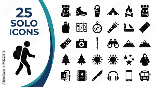 A collection of 25 solo icons representing outdoor activities and travel gear.