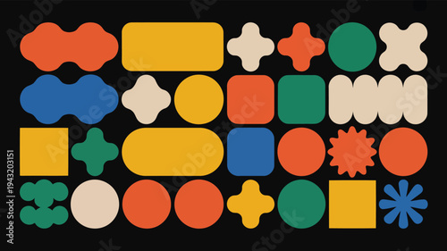 A playful array of colorful geometric and organic shapes creates a lively modern composition