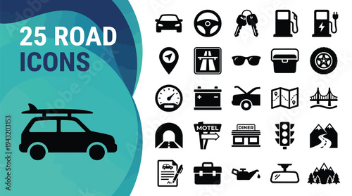 Collection of 25 road and travel icons for transportation and navigation themes.