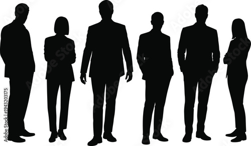 Black silhouettes of diverse business people and professional team in formal suits standing in various poses together isolated on white background vector illustration.