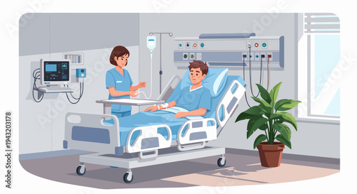 A nurse caring for a patient in a hospital room, with medical equipment and a plant