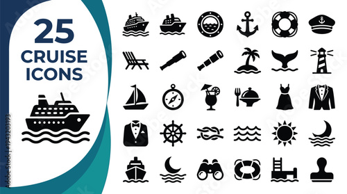 A collection of 25 cruise icons representing travel and leisure activities.
