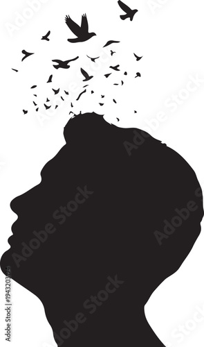 Silhouette of man's head with birds flying from it
