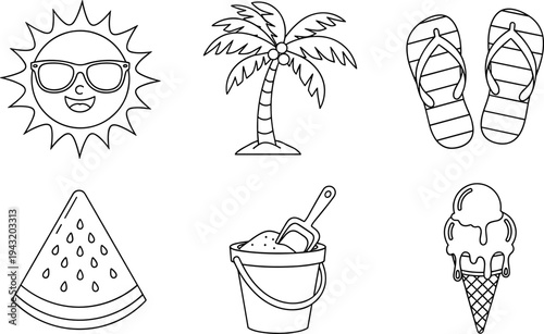 Collection of summer vacation icons including sun, palm tree, flip flops, watermelon, ice cream, and sand bucket