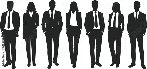 Group of diverse business people silhouettes in formal suits and ties standing together as a professional corporate team isolated on white background vector.