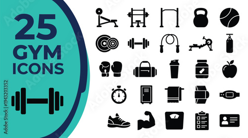 Collection of 25 gym icons for fitness and sports.