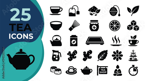 A collection of 25 vector icons representing various elements of tea and tea culture.
