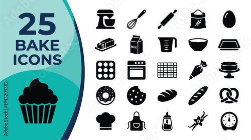 Collection of 25 baking icons representing various baking ingredients and tools.