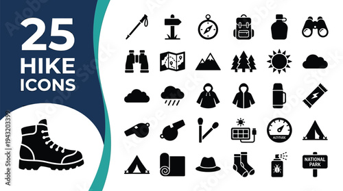 Collection of 25 hiking and outdoor adventure icons, including boots and equipment.