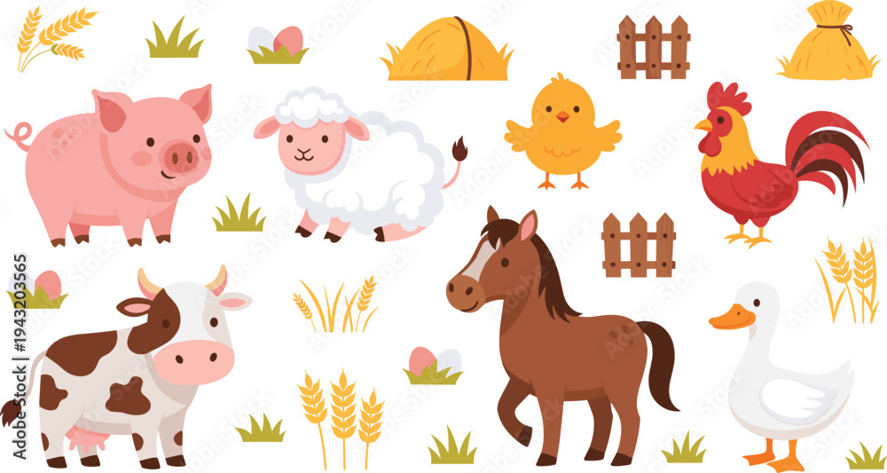 Obraz premium Cute Barnyard Farm Animals Vector Set Featuring Pig, Sheep, Cow, Horse, Rooster, Duck and Chick with Wheat, Hay, Fence and Rural Elements.