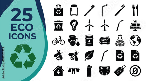 Collection of 25 eco-friendly icons representing sustainability and environmental care.