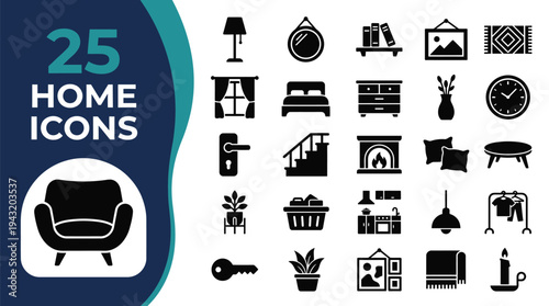 A collection of 25 home icons representing various furniture and household items.