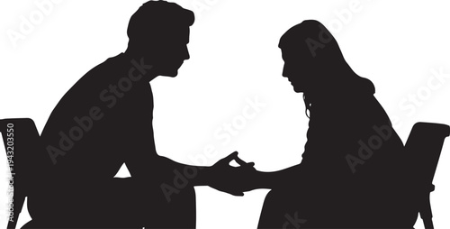 Silhouettes of a man and woman holding hands in conversation