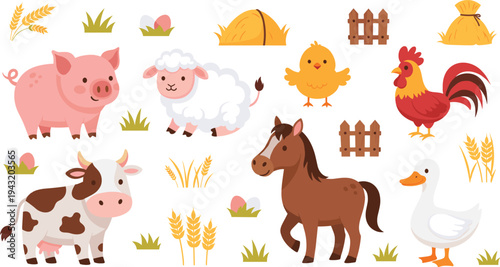 Cute Barnyard Farm Animals Vector Set Featuring Pig, Sheep, Cow, Horse, Rooster, Duck and Chick with Wheat, Hay, Fence and Rural Elements.