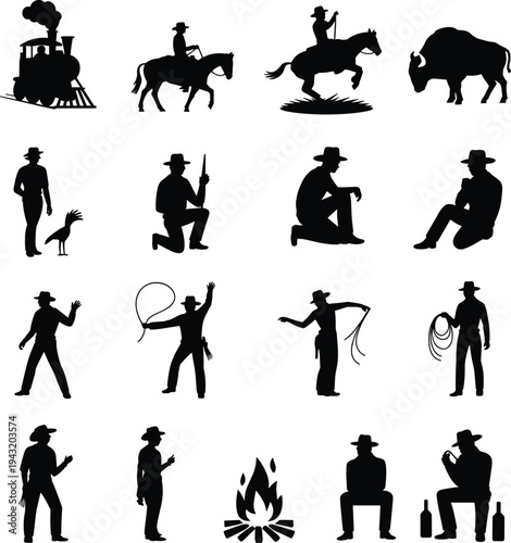 Wild West silhouette vector set featuring cowboys riding horses, buffalo, steam train, campfire, hunters with rifles, lasso action poses, and western pioneers isolated on white.