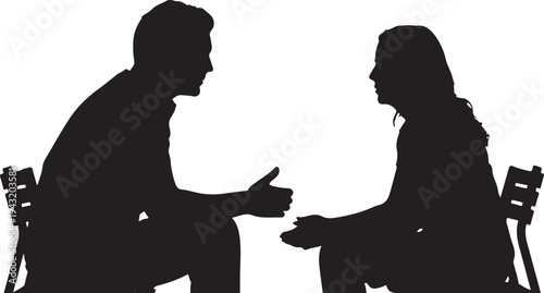 Silhouettes of two people talking on chairs woman