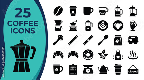 A collection of 25 black icons related to coffee and cafe culture.