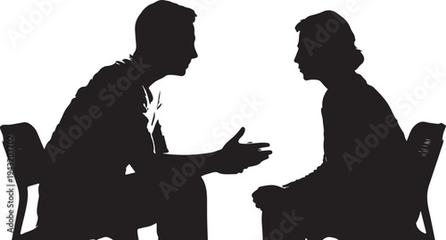 Silhouettes of two people talking on chairs woman