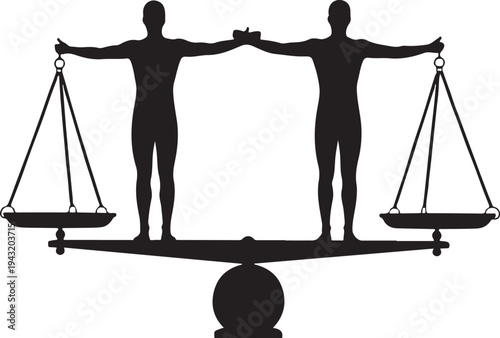Two male silhouettes balancing on scales balance weighing