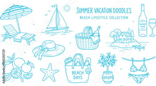 Summer vacation doodles beach lifestyle collection with illustrations of umbrella sailboat wine beachwear and accessories on white background