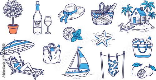Summer vacation icons set with beach accessories drink sailboat and tropical elements for travel and leisure