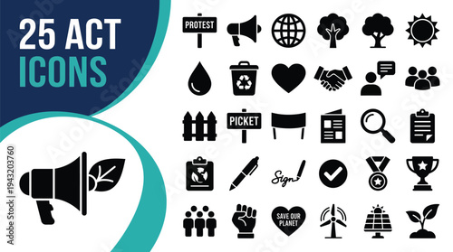 A collection of 25 icons representing activism and social change.