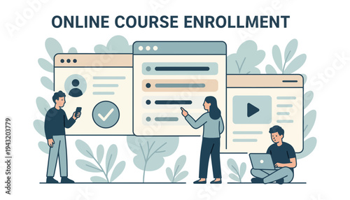 Online course enrollment illustration with people and browser windows