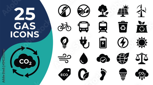 Collection of 25 eco-friendly gas icons representing sustainability and environmental concepts.
