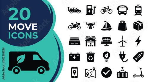 Collection of 20 icons representing various modes of transport and eco-friendly concepts.