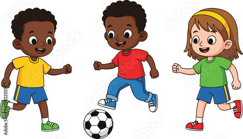 Happy diverse children playing soccer together, cute cartoon boys and girl kicking football, active kids teamwork game, playground fun, childhood friendship illustration isolated