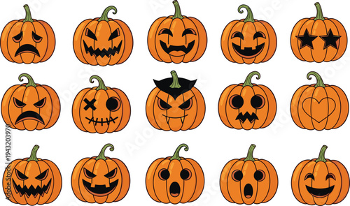 Cartoon jack‑o’‑lantern collection with unique carved faces, Halloween pumpkin illustration concept showing spooky, funny, and creative designs
