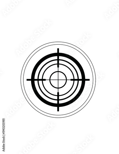 Símbolo minimalista de mira telescópica con círculos concéntricos y líneas de retícula centradas. Diseño geométrico negro aislado sobre fondo blanco que representa precisión, objetivo y enfoque.